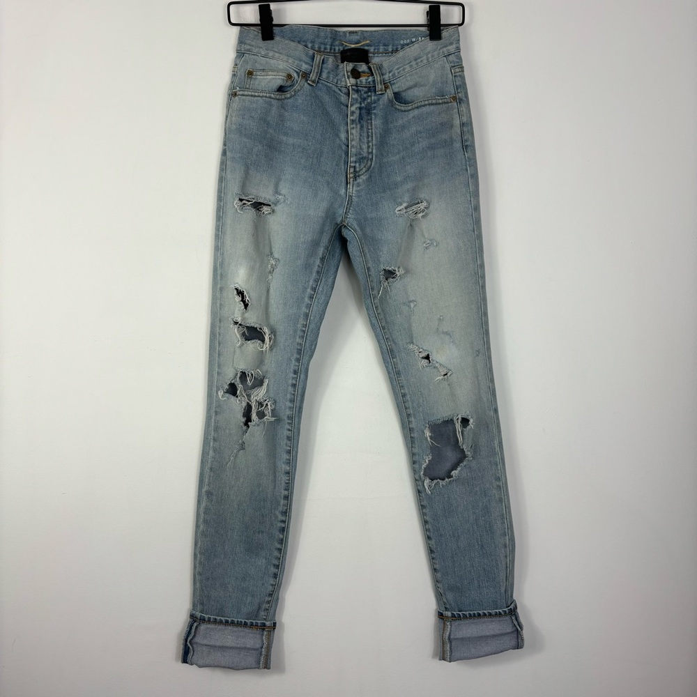 Saint Laurent Distressed Jeans Womens 26 Med Distressed Wash Mid Rise W/SK-MW